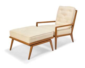 380 T. H. Robsjohn-Gibbings (1905-1976) A lounge chair and ottoman model WWA-6, mid-20th century Each unmarked The chair with spindle back and tubular wood frame, the seatback and seat cushion upholstered in an ivory tufted fabric, with conforming ottoman 2 pieces Chair: 33" H x 26.25" W x 33" D Estimate: $2,000 - $4,000