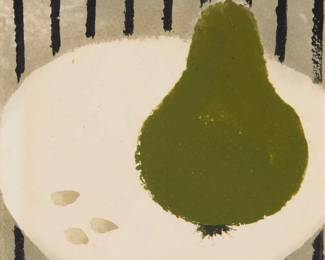 61 Mary Fedden (1915-2012) Pear on a plate, 1987 Gouache on paper Signed and dated lower left: Fedden 1987; signed again, "Julian & / Mary," and inscribed in ink with an extensive personal message to the recipient on the verso Sight: 4.125" H x 4.25" W Estimate: $3,000 - $5,000