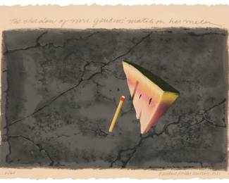 201 Donald Roller Wilson (b. 1938) "The Shadow of Mrs. Jenkins' Match On Her Melon," 1985 Lithograph in colors on paper Edition: 2/60 Signed and numbered in pencil in the lower margin: Donald Roller Wilson 1985; with the printed title in the upper margin just above the image; an unidentified blindstamp on each of the lower corners Image: 10.5" H x 15.75" W; Sheet: 12" H x 17.75" W Estimate: $600 - $800