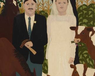 239 Jessie Homer French (b. 1940) "Kate and Ian," 1982 Oil on canvas Signed lower right: Homer; titled lower left; signed and titled again, and inscribed "copyright © 1982 / Homer Handling Corp.," all on the stretcher bar 44.75" H x 26" W Estimate: $7,000 - $10,000