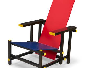 100 Gerrit Thomas Rietveld (1888-1964) A 'Red & Blue' chair for Cassina, circa 1980s Designed 1918, colorized 1923 With factory mark: Cassina / MEUBEL / MAKERIJ / RIETVELD / ADR.VAN / OSTADE / LANN25; impressed: 3459 The modernist De Stijl chair constructed of rectilinear wood components painted in black, red, yellow, and blue 35" H x 32.25" W x 26.5" D Estimate: $800 - $1,200