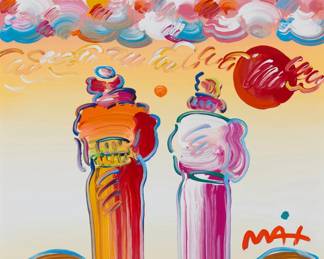156 Peter Max (b. 1937) "Two Sages Looking at Sunrise V," 2018 Acrylic on canvas Signed lower right: Max; artist stamp with date, number, and copyright symbol, verso; titled on a label affixed verso 29" H x 23" W Estimate: $2,000 - $4,000