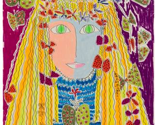 75 Gloria Vanderbilt (1924-2019) "Lucy," 1971 Mixed media with crayon and ink on smooth paper Signed and dated lower right: Gloria Vanderbilt 1971; titled on gallery label that accompanies the lot Image/Sheet: 28" H x 22" W Estimate: $3,000 - $5,000