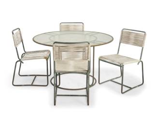 179 Walter Lamb (1900-1989) A patio dining set for Brown Jordan, mid-20th century Each with bronze tubular frame, comprising a model C-2700 table with inset textured glass top, and four model C-1700 side chairs with cording to seatbacks and seats 5 pieces Table: 28.5" H x 48.5" Dia.; Each chair: 33" H x 18.75" W x 22" D Estimate: $5,000 - $7,000