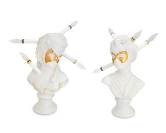 378 Bari Ziperstein (b. 1978) A near pair of Contemporary bust table lamps, circa 2017 Each marked to base verso: [artist's logo] / BARIZIPERSTEIN.com Glazed and parcel-gilt ceramic with four lights, electrified 2 pieces Taller: 19.5" H x 12" W x 7.25" D; Shorter: 18.5" H x 11.25" W x 8.25" D Estimate: $2,000 - $4,000