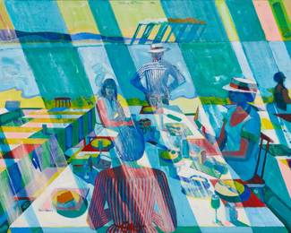 120 Roland Petersen (b. 1926) "Rain Picnic Series," 1981 Acrylic on canvas Signed and dated upper center: Roland Petersen 1981; titled and dated again on the stretcher 46" H x 60" W Estimate: $20,000 - $30,000