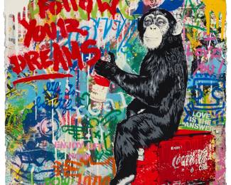 345 Mr. Brainwash (b. 1966) "Everyday Life," 2021 Screenprint in colors with mixed media including acrylic and spray paint on paper Signed lower right: Mr. Brainwash; signed again and with the artist's device, dated "2021-," numbered "No.A74941954J," all in crayon, and with the artist's red ink thumbprint, all verso; titled from the artist's certificate of authenticity affixed to the frame's backing board Sheet: 22.125" H x 22.5" W Estimate: $3,000 - $5,000