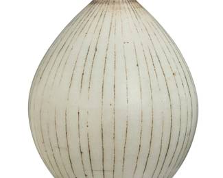 263 Harrison McIntosh (1914-2016) A glazed stoneware vase, mid-20th century Impressed with potter's chop mark: HM; applied paper label to the underside: Handthrown Stoneware / Harrison McIntosh / Claremont / California With white glaze and sgraffito lines 6.625" H x 4.375" Dia. Estimate: $800 - $1,200