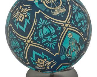 339 Shepard Fairey (b. 1970) "Earth Crisis" globe Screen-printed and brushed steel Columbus globe Edition: 18/250 Signature cast into base, with impressed edition; box marked with labels near base: Galerie Itinerrance / [artist's logo] With original packaging, accompanied by original box designed by the artist Globe: 17.25" H x 16.5" W x 16" D; Box: 20" H x 18.5" Dia. Estimate: $2,500 - $3,500