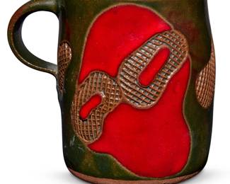 221 Ken Price (1935-2012) Glazed ceramic cup, 1970s Red and green glaze with pressed grid shapes Unmarked 3.375" H x 3.875" W x 2.875" D Estimate: $1,500 - $2,500