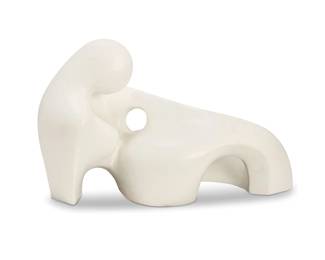 414 In the style of Henry Moore (1898-1986) A plaster figural sculpture, mid-20th-early 21st century Unmarked Resembling a reclining female form 24.75" H x 43" W x 22" D Estimate: $600 - $800