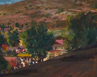 123 Larry Cohen (b. 1952) "View from the Malibu Hills," 1999 Oil on canvas Signed twice, on the verso and on the stretcher: Larry Cohen; titled and dated 1999 on a gallery label affixed to the stretcher 30" H x 24" W Estimate: $1,200 - $1,800