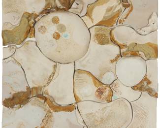 406 Gloria Martín (20th Century) Abstract, 1981 Glazed ceramic bas relief Incised signature and date at lower right: Gloria Martin 81; Marked to frame verso: TWE 0317 Ceramic: 24.625" H x 24.25" W x 1.375" D Estimate: $400 - $600