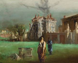 42 Walter Stuempfig (1914-1970) Figures in a garden Oil on canvas Signed lower left: Stuempfig 10.25" H x 15.25" W Estimate: $1,500 - $2,500