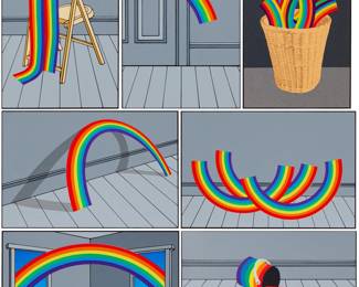 2 Patrick Hughes (b. 1939) "The Domestic Life of the Rainbow" portfolio, 1978 Seven screenprints in colors on wove paper and the separate book by the artist Edition: 48/120 (there were also 12 artist's proofs) Each of the screenprints signed, dated, and numbered in pencil in the lower margin: Hughes 79; each also with a pencil inventory / work number, verso; together with the printed title and colophon pages printed on black paper; and the separate brown cloth-covered hardback book, co-created by the artist and Paul Hammond, "Upon the Pun: Dual Meaning in Words and Pictures;" all but the hardback book loose; housed together in the original white paper-covered portfolio-box with the printed title; Coriander Studio, London, England, prntr. and pub. Sheet of each screenprint: 9" H x 5.5" W (or reverse); Book: 8.75" H x 5.5" W x 0.5" D Estimate: $800 - $1,200