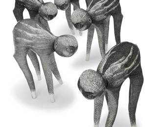 418 Camilla Taylor (b. 1981) Figures from the series "With Only These" Relief print on fabric, steel Editions: 5, 6, 7, 8, and 17 of 40 Each signed and variously numbered: C. Taylor Each: 14" H x 10" W x 5" D approximately Estimate: $200 - $400