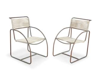 180 Kipp Stewart (1928-2015) A pair of patio armchairs for Terra, mid-20th century Each cantilevered bronze tubular frame with cording to seatbacks and seats 2 pieces Each: 33.5" H x 21" W x 25.25" D Estimate: $1,500 - $2,000