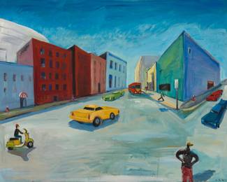 130 Alejandro Rubio (20th/21st Century) "Downtown Rush," 2008 Oil on canvas Signed lower right: A. Rubio; signed again: Alejandro Rubio, titled, and dated, all in ink on the frame's backing paper 47.5" H x 60.25" W Estimate: $800 - $1,200