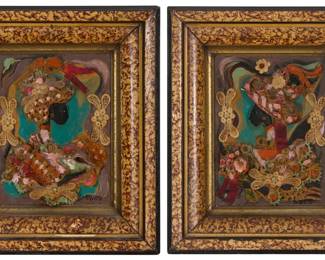 290 Tony Duquette (1914-1999) Two works: Abstract portraits Oil and mixed media collage with 3D sculpted elements on panel Each signed lower right: Duquette  2 pieces Each: 8" H x 6" W Estimate: $800 - $1,200