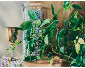 153 Kirk Lybecker (b. 1951) "Still life with Taco Wrapper" (Hell's Bells), 1991 Watercolor on paper Signed lower right: Lybecker; titled and dated on a gallery label affixed to the frame's backing paper Image/Sheet: 22" H x 30" W Estimate: $300 - $500