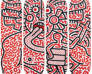 365 After Keith Haring (1958-1990) A skateboard deck tetraptych after "Man and Medusa" by The Skateroom, 2018 Each top printed: THE SKATEROOM / Art for Social Impact / X / [Keith Haring signature] Screen-printed skateboards 4 pieces Each: 31.75" L x 8" W Estimate: $400 - $600
