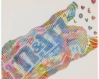 330 Virginie Schroeder (b. 1976) "The M and M's Love Explosion" Acrylic and glitter on canvas Signed lower right: Virginie Schroeder; signed again and titled "The N[sic] and N's[sic] Love Explosion" on the canvas overlap 20" H x 20" W Estimate: $1,000 - $1,500