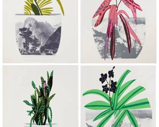 83 Jonas Wood (b. 1977) "Untitled," 2014 The complete set of four lithographs and screenprint in colors on white Coventry Rag paper Edition of each: 21/50 (there were also 20 artist's proofs) Each: Signed, dated, and numbered in pencil along the lower edge: Jonas 2014; Cirrus Editions, Los Angeles, CA, pub., with their blindstamp in the lower left sheet corner; with the Cirrus Editions copyright ink stamp and pencil work numbers, 688c-JW14, 689c-JW14, 690c-JW14, and 691c-JW14, respectively, all verso Sheet of each: 48" H x 37.125" W Estimate: $25,000 - $35,000