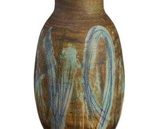 182 F. Carlton Ball (1911-1992) A monumental glazed pottery vase, mid-20th century With a slightly flaring mouth over a tall cylindrical neck opening to a pulled ovoid body decorated with blue and brown glazes and abstract cobalt linear designs Unmarked 37" H x 18" Dia. Estimate: $800 - $1,200