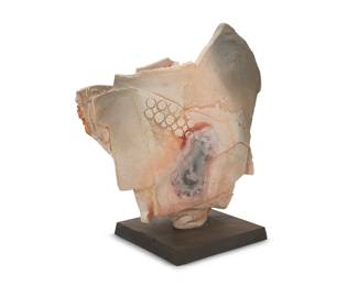 222 Paul Soldner (1921-2011) Untitled Pedestal Piece, 1985 Earthenware on iron base Unmarked Ceramic: 22.125" H x 24.75" W x 6.75" D; Overall: 23.75" H Estimate: $1,500 - $2,000