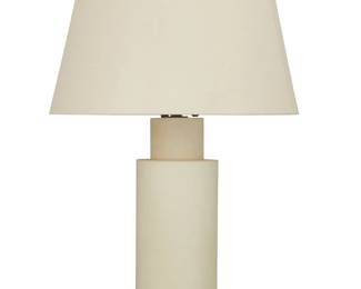 311 A Mattaliano 'Vellum Column' table lamp Early 21st century Applied metal tag printed: Mattaliano / Chicago, Illinois The two-light lamp with vellum-clad standard, surmounted by a fabric shade, electrified Lamp: 27.5" H x 8" Dia.; Shade: 11.5" H x 18" Dia. Estimate: $300 - $500