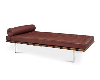 96 Ludwig Mies van der Rohe (1886-1969) A 'Barcelona' daybed for Knoll Studio, late 20th/early 21st century Designed 1930 Unmarked With a tufted brown leather upholstered cushion, walnut frame, and chrome-plated stainless-steel legs Bed: 17" H x 78.5" W x 38" D; Pillow: 38.5" L x 8" Dia. Estimate: $3,000 - $5,000