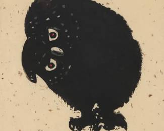 256 Iwao Akiyama (1921-2014) "Owl," 1972 Woodcut on handmade Japanese paper laid to tissue paper Edition: 46/100 Signed and titled in Japanese, dated, and numbered, all in pencil in the lower margin; with the artist's red ink seal in the lower margin, at right Image: 17.5" H x 15.5" W (approx.); Sight: 23.5" H x 21.5" W Estimate: $600 - $800