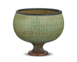 261 Harrison McIntosh (1914-2016) A glazed stoneware footed bowl, mid-20th century Impressed with potter's chop mark: HM With pale green glaze and sgraffito lines 5.125" H x 6" Dia. Estimate: $1,000 - $2,000