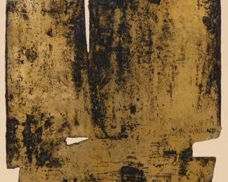 223 Pierre Soulages (1919-2022) "Composition V," 1957 Etching and aquatint in colors on BFK Rives paper Presumably from the edition of 100 Presumably signed and titled in pencil by the artist in the lower margin and in the lower left margin corner, respectively: Soulanges; Roger Lacourière, Paris, France, prntr.; Éditions M. Lacourière, Paris, France, pub. Plate: 15.5" H x 14.25" W (approx.); Sheet: 26.25" H x 20" W Estimate: $5,000 - $7,000