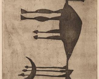 226 Geoffrey Clarke (1924-2014) "Man," 1950 Etching and aquatint in black ink on cream paper Edition: 2/25 Signed, dated, and numbered in pencil in the lower margin: Geoffrey P. Clarke / 1950 Plate: 13.875" H x 8" W; Sight: 14.125" H x 18.25" W Estimate: $700 - $900