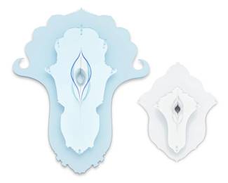 421 Betsy Davis (b. 20th century) Two wall sculptures, 2004 Acrylic and plastic Editions: 1/3 and 2/3 Each signed, dated, and numbered verso: Betsy Davis Larger: 21.75" H x 17" W x 3.125" D; Smaller: 12.125" H x 9.25" W x 2.75" D Estimate: $500 - $700