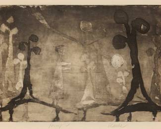 229 Geoffrey Clarke (1924-2014) "Pilgrim," 1950 Etching and aquatint on paper A proof aside from the edition of unknown but presumably small size Signed and inscribed "Proof" in pencil in the lower margin: Clarke; titled and dated on a gallery label affixed to the frame's backing board Plate: 10" H x 14.875" W; Sight: 11" H x 5.75" W Estimate: $300 - $500