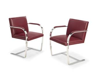 101 Ludwig Mies van der Rohe (1886-1969) Two 'Brno Flat Bar' chairs for Knoll, circa 1980s Designed 1930 Each unmarked Each cantilevered chair with maroon leather upholstered back, seat, and arm pads on a polished chromed metal frame 2 pieces Each: 31.5" H x 23.25" W x 23.25" D Estimate: $400 - $600
