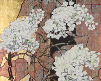 151 Robert Kushner (b. 1949) "Large White Lilacs I," 2007 Oil, acrylic, gold leaf, and copper leaf on canvas Signed, titled, and dated lower right: Robert Kushner / '07 84" H x 60" W Estimate: $3,000 - $5,000