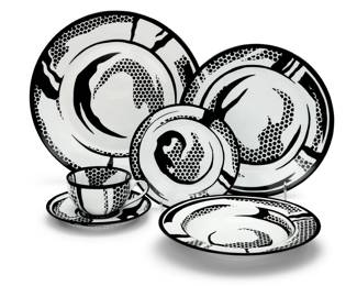 387 After Roy Lichtenstein (1923-1991) A dinnerware place setting by Barney's New York, 2013 From the Limited Edition of unknown size Each printed with artist's signature and: ART PRODUCTION FUND / BARNEYS NEW YORK / © Estate of Roy Lichtenstein Comprising: 1 dinner plate (10.75") 1 salad plate (9.25") 1 bread & butter plate (6.25") 1 soup bowl (8.5") 1 cup (3.625" H x 2.25" W x 2" D) 1 saucer (6") All within original fitted box 6 pieces Box: 3.25" H x 16.25" W x 11.5" D Estimate: $300 - $500