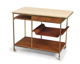 294 Paul McCobb (1917-1969) An 'Irwin Collection' bar cart model C9203 for Calvin, 1950s Designed 1952 With metal label to drawer interior: CALVIN / GRAND RAPIDS / THE IRWIN COLLECTION / designed by / PAUL McCOBB The travertine top on a brass-plated steel frame, with mahogany drawers and pull-out shelf above a removeable tray and undertier, raised on casters 28.5" H x 36.5" W x 19.5" D Estimate: $1,000 - $2,000