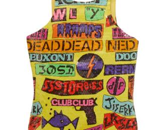 338 A vintage sleeveless 'Graffiti Series' top, attributed to Stephen Sprouse Stephen Sprouse (1953-2004) Circa 1988 Lacking maker label; with care and size label to interior A printed knit pullover tank top with scoop back featuring multicolored punk graffiti-style lettering and designs, on a yellow field, all covered with clear sequins, and fully lined to interior Length: 22"; bust front: 16"; waist front: 13.5"; hem circumference: 32" Estimate: $400 - $600