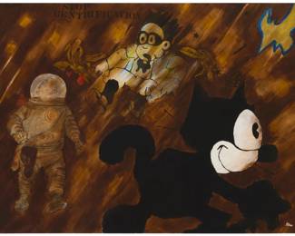 397 Bill Stern (20th/21st Century) "Stop Gentrification," 1985 Acrylic on canvas Signed lower right: Stern; titled in the image; signed and titled [including an exclamation point] again, and dated, all verso; inscribed "76 Stern," presumably in another hand, on the canvas overlap 54" H x 72" W Estimate: $600 - $800