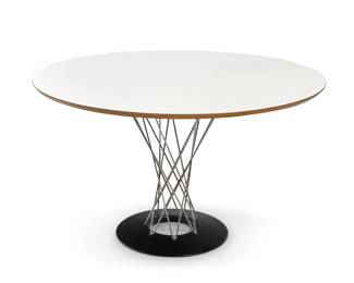 32 Isamu Noguchi (1904-1988) A 'Cyclone' dining table for Knoll, 1970s Designed 1957 With partially legible date to Knoll International paper label applied to underside of top The birch plywood top with white laminate surface over a chrome-plated steel wire column on a black powder-coated finished case iron base Overall: 29" H x 47.75" Dia. Estimate: $700 - $900