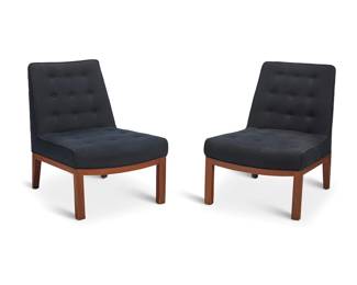 296 Edward Wormley (1907-1995) A pair of 'Sophia' slipper chairs model 5000A for Dunbar, mid-20th century Each with metal tag: DUNBAR / BERNE INDIANA Each mahogany frame upholstered in a black tufted cotton fabric 2 pieces Each: 32" H x 24" W x 33.75" D Estimate: $800 - $1,200