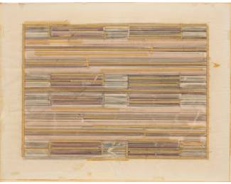 118 Ed Moses (1926-2018) Untitled, 1972 Pencil, colored pencil, marker, and masking tape on multilayered vellum paper, with tissue interleaving, all hinged to an illustration board, as issued Signed with the artist's stylized initial lower right: E; titled and dated on a label affixed to the frame's verso Image: 18" H x 25" W (irreg.); All sheets: 23.5" H x 30" W Estimate: $3,000 - $5,000
