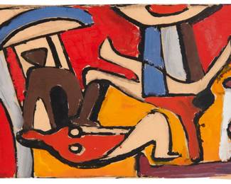 404 Georges Maurice Cloud (1909-1973) Abstract figural composition Ink and gouache on thin beige paper Unsigned, with the artist's black ink estate stamp on the mat board's verso Image/Sheet: 4.5" H x 7" W Estimate: $300 - $500