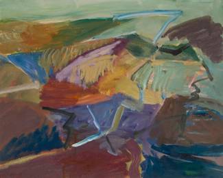 88 Takeshi Nakayoshi (b. 1952) "Out of Window," 2016 Oil on canvas Signed, dated, and titled verso: Takeshi Nakayoshi / 16; titled and dated again in ink, in another hand, on a label affixed to the frame's verso 16" H x 20.125" W Estimate: $600 - $800