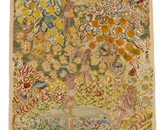 106 Elisabeth de Saedeleer (1902-1972) A multicolored wool tapestry with fringe, early/mid-20th century Woven to a design by Edgard Tytgat (1879-1957) Depicting figures in a lush tropical landscape with flowers, trees, fruit, birds, and water Signed in the weave lower left: E de Saedeleer Tapestry: 76" H (with fringe) x 70" W Estimate: $1,000 - $2,000