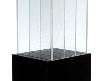 415 A Contemporary figural acrylic light box Late 20th century Unmarked The illuminated box with four stacked acrylic partitions, each etched with a dancing figure, electrified Overall: 16" H x 8" W x 9.75" D Estimate: $300 - $500